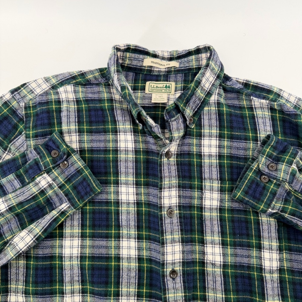 LL Bean Traditional Fit Flannel Shirt Plaid Cotton Button Down L Green Blue